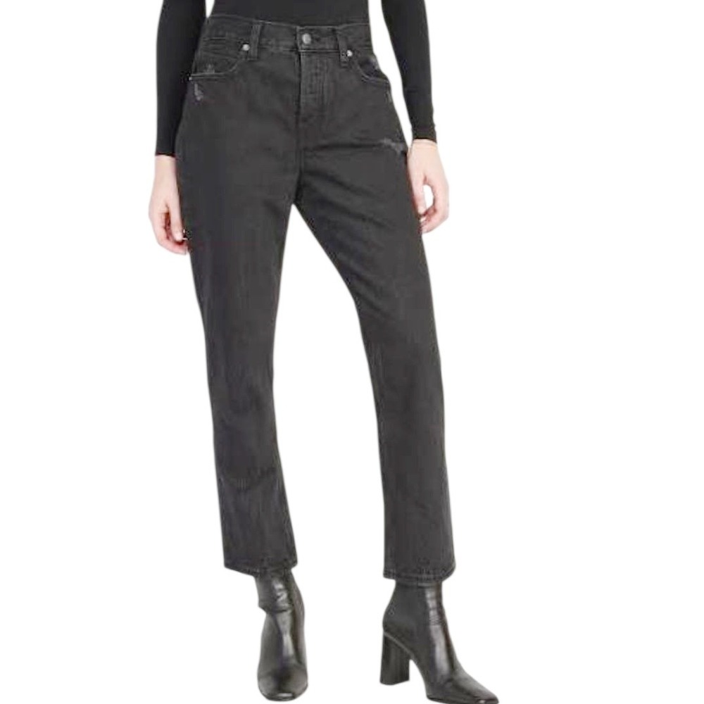 Old Navy Slouchy Straight Cropped‎ Distressed High Rise Jeans Sz 14 Washed Black